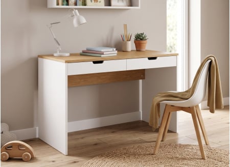 Bureau 2 tiroirs ALBI - Blanc/Chêne 1