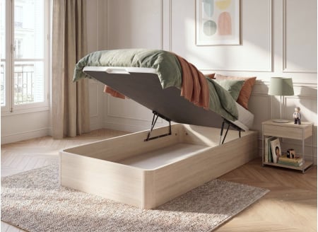 Cama baúl 90x200 de madera BASTIA - Roble Blanqueado