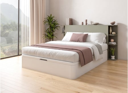 Lit coffre 160x200 avec tête de lit BASTIA - Blanc/Vert Cèdre 1