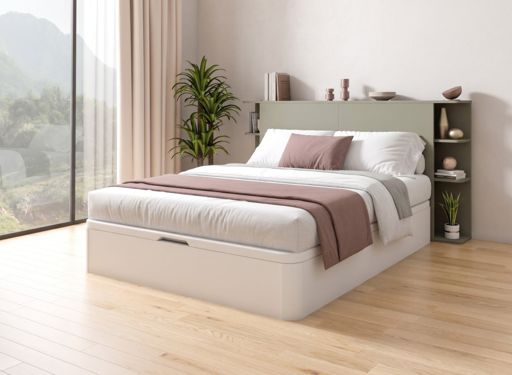 Lit coffre 160x200 avec tête de lit BASTIA - Blanc/Vert Cèdre 1