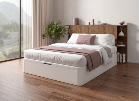 Lit coffre 160x200 avec tête de lit BASTIA - Blanc/Noyer 1