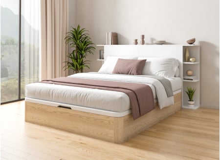 Lit coffre 160x200 en bois massif avec tête de lit HOYA - Pin/Blanc 1