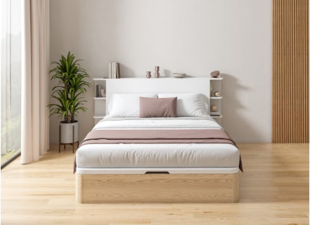 Cama canapé 160x200 de madera maciza con cabecero HOYA - Pino/Blanco