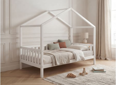 Lit cabane enfant 90x200 pin massif THEO Blanc - 1