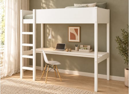Lit mezzanine JUNE 90x200 blanc avec grand bureau – vue en perspective