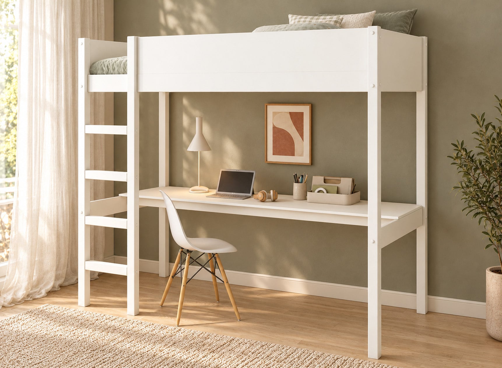 Lit mezzanine JUNE 90x200 blanc avec grand bureau – vue en perspective