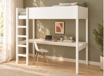 Lit mezzanine JUNE 90x200 blanc avec grand bureau – vue en perspective