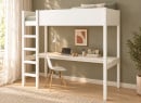 Lit mezzanine JUNE 90x200 blanc avec grand bureau – vue en perspective