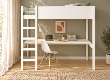 Cama alta 90x200 con escritorio JUNE - Blanco