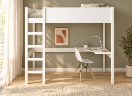 Lit mezzanine JUNE 90x200 blanc avec bureau d’angle à droite – vue de face