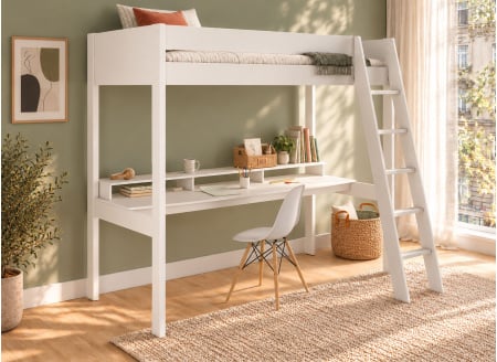 Lit mezzanine SOHO 90x200 blanc avec bureau droit – vue en perspective