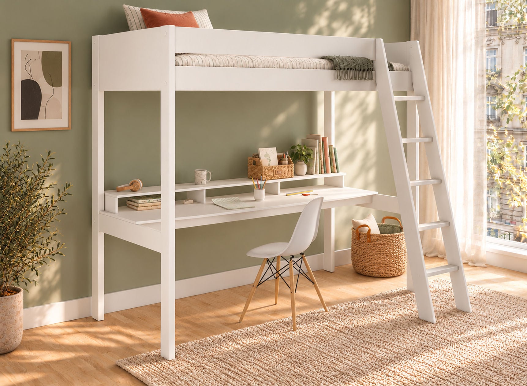 Lit mezzanine SOHO 90x200 blanc avec bureau droit – vue en perspective