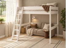 Lit mezzanine SOHO 2 places 140x190 blanc avec coin salon sous le couchage – vue en perspective