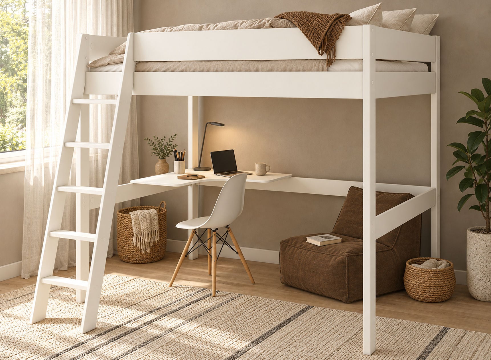 Lit mezzanine SOHO 2 places 140x190 blanc avec bureau et coin lecture – vue en perspective