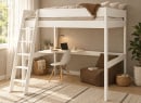 Lit mezzanine SOHO 2 places 140x190 blanc avec bureau et coin lecture – vue en perspective