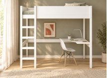 Lit mezzanine JUNE 90x200 blanc avec bureau d’angle à droite – vue de face