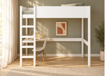 Lit mezzanine JUNE 90x200 blanc avec bureau d’angle à gauche – vue de face