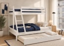 Lit superposé GABY 3 places blanc avec lit gigogne URBAN ouvert – quatrième couchage