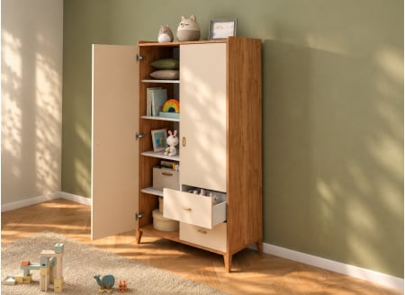 ANTON-kledingkast met 2 deuren en 2 laden - hout/zand