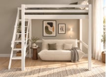 Lit mezzanine DARIO 140x200 blanc avec escalier – vue de face