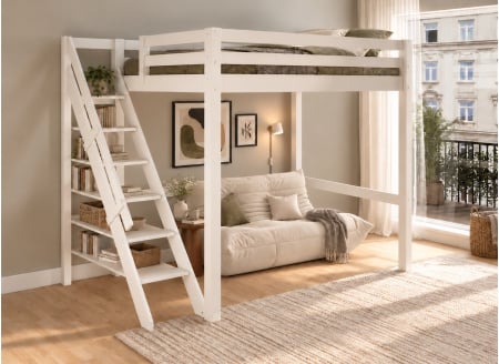 Lit mezzanine DARIO 140x200 blanc avec escalier – vue en perspective