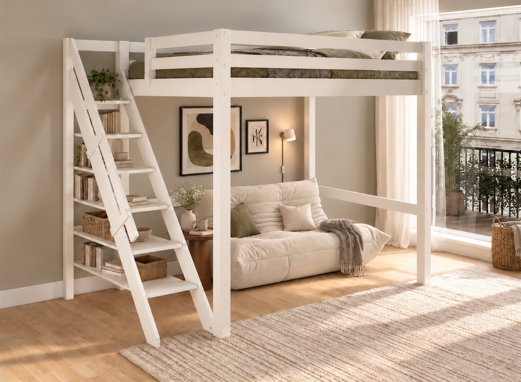 Lit mezzanine DARIO 140x200 blanc avec escalier – vue en perspective