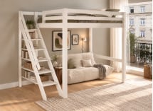 Lit mezzanine DARIO 140x200 blanc avec escalier – vue en perspective