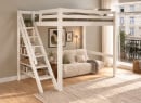 Lit mezzanine DARIO 140x200 blanc avec escalier – vue en perspective