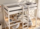 Lit mezzanine CALVI blanc avec tiroir du bureau ouvert – vue plongeante