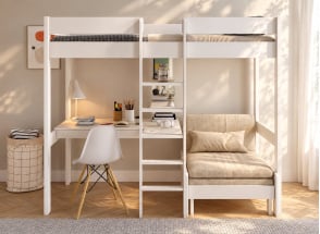 Hochbett mit Schreibtisch 90x200 und Schlafsessel CALVI - Weiß