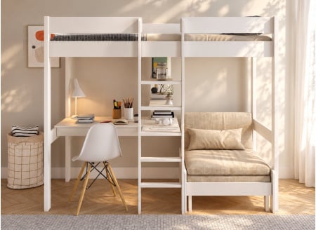 Lit mezzanine CALVI blanc avec bureau et fauteuil beige – vue de face