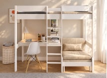 Lit mezzanine CALVI blanc avec bureau et fauteuil beige – vue de face