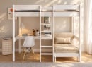 Lit mezzanine CALVI blanc avec bureau et fauteuil beige – vue de face