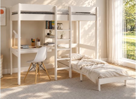 Hoogslaper met bureau 90x200 en converteerbare fauteuil CALVI - Wit