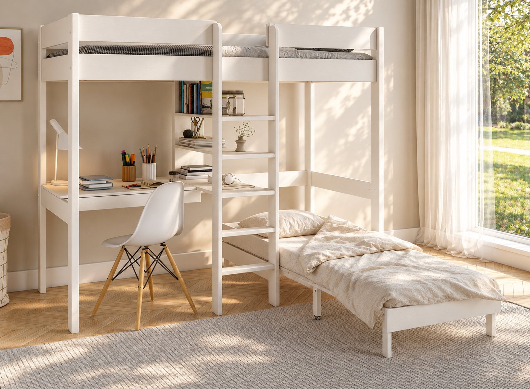 Lit mezzanine CALVI blanc avec bureau et fauteuil convertible ouvert – deuxième couchage