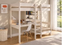 Lit mezzanine CALVI blanc avec bureau et fauteuil beige – vue en perspective