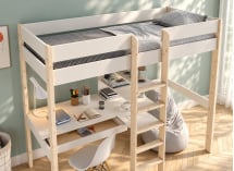 Lit mezzanine CALVI 90x200 blanc et bois – vue plongeante du bureau