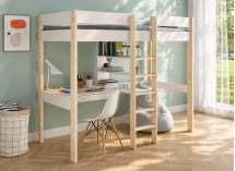 Lit mezzanine CALVI 90x200 blanc et bois – bureau, vue en perspective