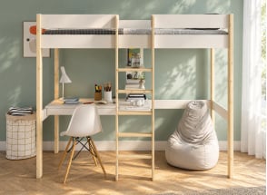 Hochbett mit Schreibtisch 90x200 CALVI - Weiß/Kiefer