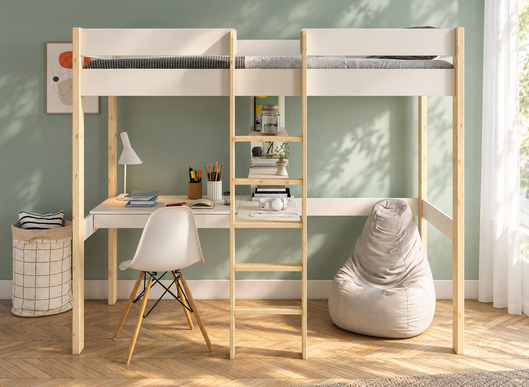 Lit mezzanine CALVI 90x200 blanc et bois – bureau, vue de face