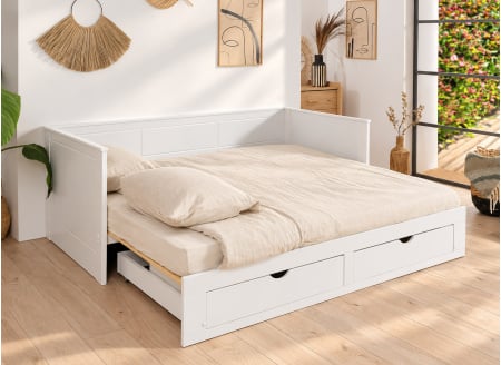 Lit banquette extensible MIHO blanc – lit double, vue en perspective