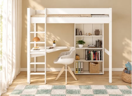 Lit mezzanine ARTHUS 90x190 blanc – bureau et bibliothèque, vue de face