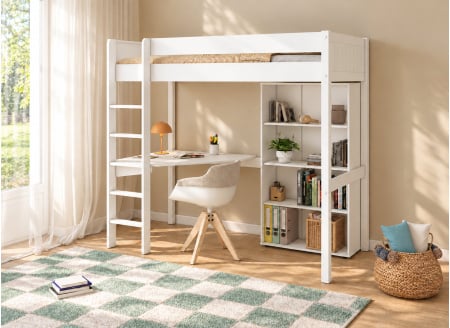 Lit mezzanine ARTHUS 90x190 blanc – bureau et bibliothèque, vue en perspective