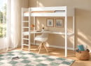 Lit mezzanine ARTHUS 90x190 blanc – bureau à gauche, vue en perspective