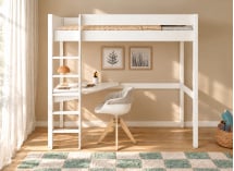 Lit mezzanine ARTHUS 90x190 blanc – bureau à gauche, vue de face