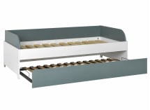 Lit banquette gigogne MANLY blanc et gris-vert – sans matelas, tiroir ouvert