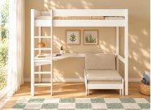 Lit mezzanine ARTHUS 90x190 blanc – bureau et fauteuil beige fermé