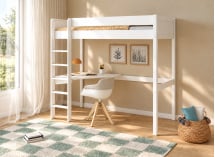 Lit mezzanine ARTHUS 90x190 blanc – bureau à gauche, vue en perspective