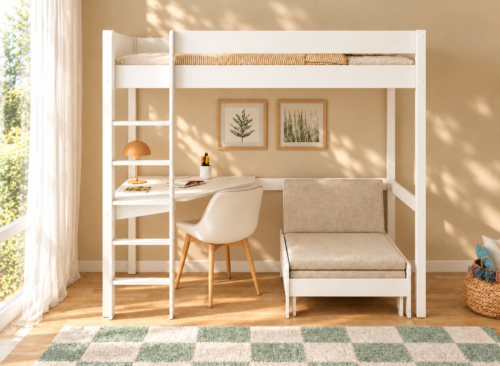 Lit mezzanine ARTHUS 90x190 blanc – bureau avec chaise et fauteuil beige fermé