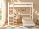 Lit mezzanine ARTHUS 90x190 blanc – bureau avec chaise et fauteuil beige ouvert